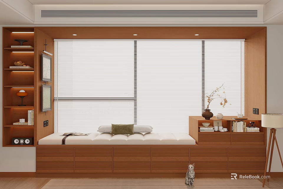 Modern Window Seat with Wooden Storage Design Cushions and Roller Blinds Nearby Bookshelf Decor 3d model 