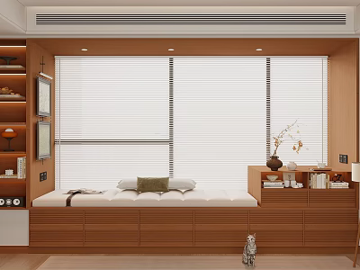 Modern Window Seat with Wooden Storage Design Cushions and Roller Blinds Nearby Bookshelf Decor 3d model
