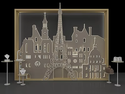 Ornate Parisian Skyline Wall Art With Eiffel Tower Golden Frame And Display Stands 3d model