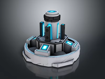 Futuristic Tech Installation With Central Tower Circular Base And Blue Glowing Panels 3d model
