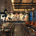 Rustic Cafe Interior With Wooden Ceiling Hanging Chandeliers And Geometric Floor