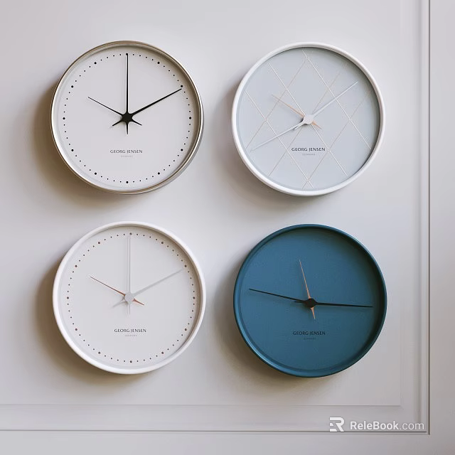 Four Modern Minimalist Wall Clocks With Geometric Dials And Different Colors 3d model 