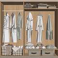 Wooden Wardrobe Interior With Hanging Robes Folded Towels And Storage Baskets