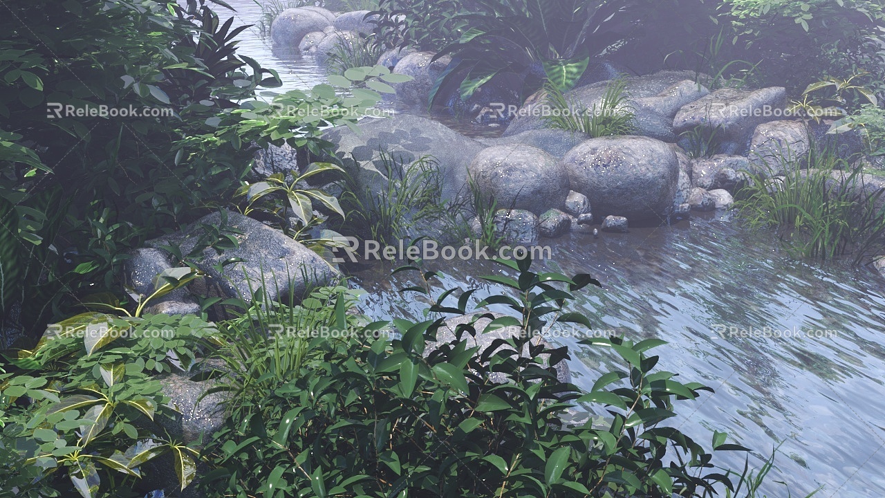 Natural pastoral river ecological gravel landscape landscape 3d model