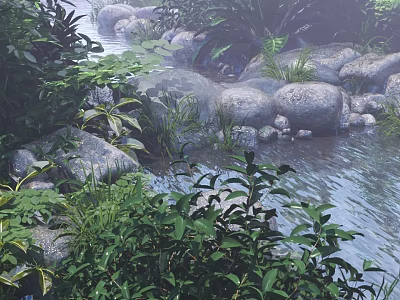 Serene Natural Landscape With Flowing Stream Rocks And Misty Green Foliage 3d model
