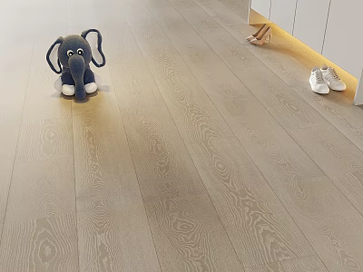 Natural Wooden Floor In Living Room With Gray Elephant Doll And Shoes 3d model