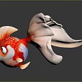 Colorful Aquatic Animal Goldfish With Red And White Body Flowing Tail And Shiny Scales