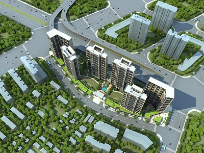 Aerial Planning of Modern Residential Complex With High Rise Buildings Greenery and Road Layout 3d model