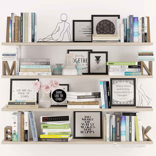 Stylish Bookshelf Display With Books Magazines Decorative Frames Vases And Inspirational Art Prints 3d model 