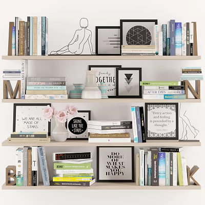 Stylish Bookshelf Display With Books Magazines Decorative Frames Vases And Inspirational Art Prints 3d model