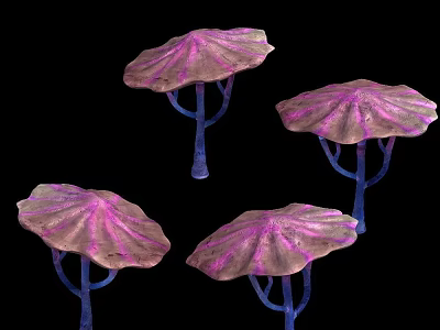 Four Pink Lotus Shaped Objects With Blue Stems On Black Background 3d model