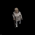 White Haired Senior Woman Wearing Light Hoodie And Pants Walking With Cane On Black Background