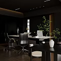 Modern Office Interior Design With Black Furniture Wooden Flooring Desk Chairs And Decorative Artwork