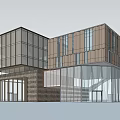 Modern Commercial Complex Architecture With Glass Curtain Walls And Wooden Elements