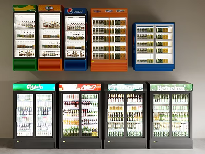 Multiple Colorful Commercial Display Refrigerators For Retail Store With Brand Logos 3d model