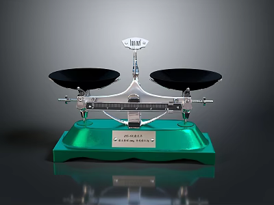 Classic Balance Scale With Green Base Metal Structure And Two Black Pans 3d model