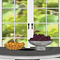 Yellow Purple Fruits In Glass Gray Textured Bowls On White Table With Window Background