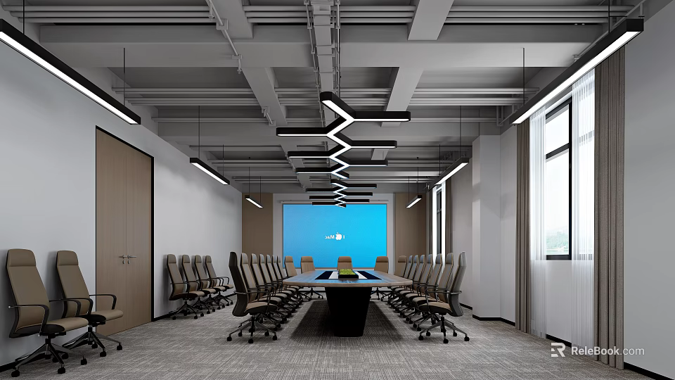 Modern Conference Room With Long Table Blue Screen Chairs Ceiling Lights And Windows 3d model