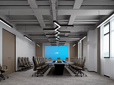 Modern Conference Room With Long Table Blue Screen Chairs Ceiling Lights And Windows 3d model