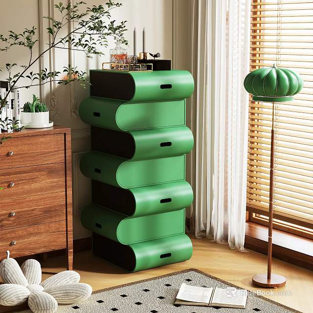 Green Modern Multi Layer Storage Cabinet With Wavy Drawers For Home Living Interior 3d model 