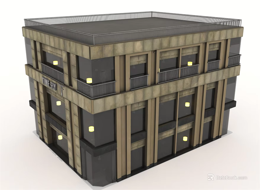 Modern Three Story Hotel Building Exterior With Stone Facade Large Windows And Exterior Lighting 3d model 