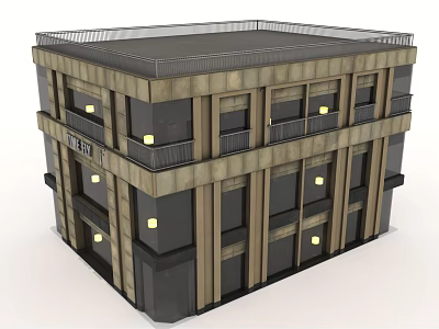 Modern Three Story Hotel Building Exterior With Stone Facade Large Windows And Exterior Lighting 3d model
