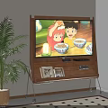 Living Room With Wooden TV Stand Metal Legs Animated Kids Eating Cereal Palm Plant Rug