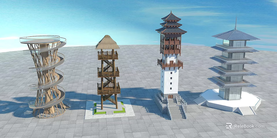 Traditional and Modern Tower Designs with Multi tiered Pagoda Roofs and Wooden Structures 3d model