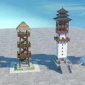 Traditional and Modern Tower Designs with Multi tiered Pagoda Roofs and Wooden Structures 3d model