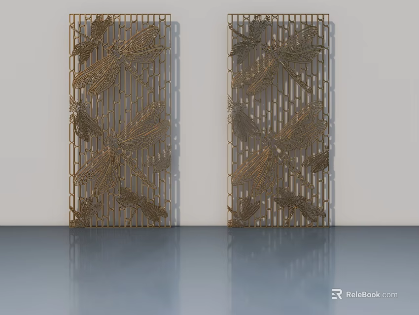Elegant Golden Hinged Doors With Intricate Leaf Patterns And Metal Frame Design 3d model 