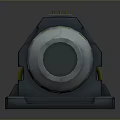 Gray Industrial Mechanical Device Featuring Green Illuminated Accents Yellow Stripes And Support Structure