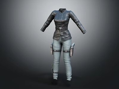 3D Model Character Outfit Featuring Black Leather Jacket Gray Jeans and Side Holsters 3d model