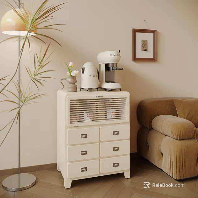 White Decorative Cabinet With Drawers Coffee Machine Vase Floor Lamp Plant And Cozy Sofa 3d model 