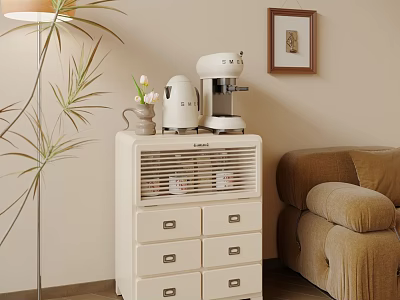 White Decorative Cabinet With Drawers Coffee Machine Vase Floor Lamp Plant And Cozy Sofa 3d model