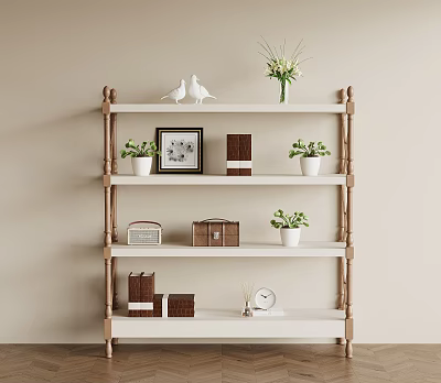 Wooden White Shelf With Birds Decor Flowers Plants Photo Frame Clock And Storage Boxes 3d model