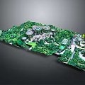 Cartoon Style Garden Scene with Lush Green Plants Circular Structures and Winding Paths