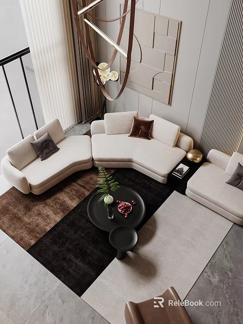 Modern Fabric Sofa Coffee Table Set With Cushions Rug And Green Plant Decorations 3d model 