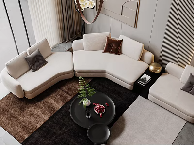 Modern Fabric Sofa Coffee Table Set With Cushions Rug And Green Plant Decorations 3d model