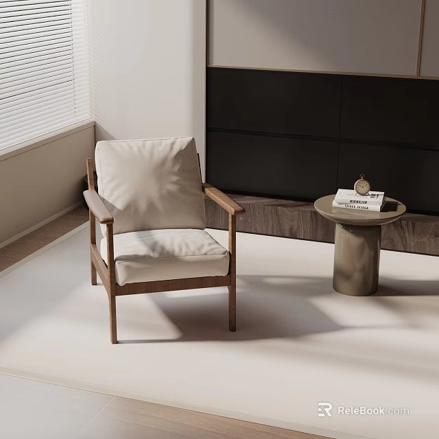 Modern Leisure Chair With Wooden Frame Light Cushion And Small Side Table Near Wall Blinds 3d model 