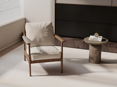 Modern Leisure Chair With Wooden Frame Light Cushion And Small Side Table Near Wall Blinds 3d model