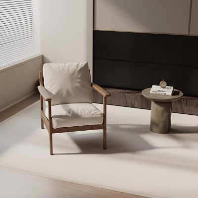 Modern Leisure Chair With Wooden Frame Light Cushion And Small Side Table Near Wall Blinds 3d model