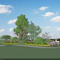 Lush Shrubs in Circular Garden Area with Central Trees Flowers and Blue Sky