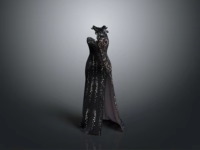 Black Sequined Evening Gown with Elegant Back Design and Flowing Silhouette 3d model