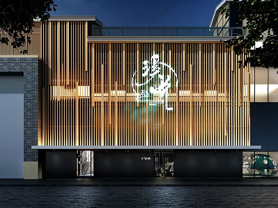 Modern Storefront Facade Design With Wooden Slats Artistic Signage And Warm Lighting 3d model
