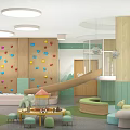Bright Kindergarten Interior With Cloud Decorations Colorful Walls Wooden Door And Colorful Floor Mats