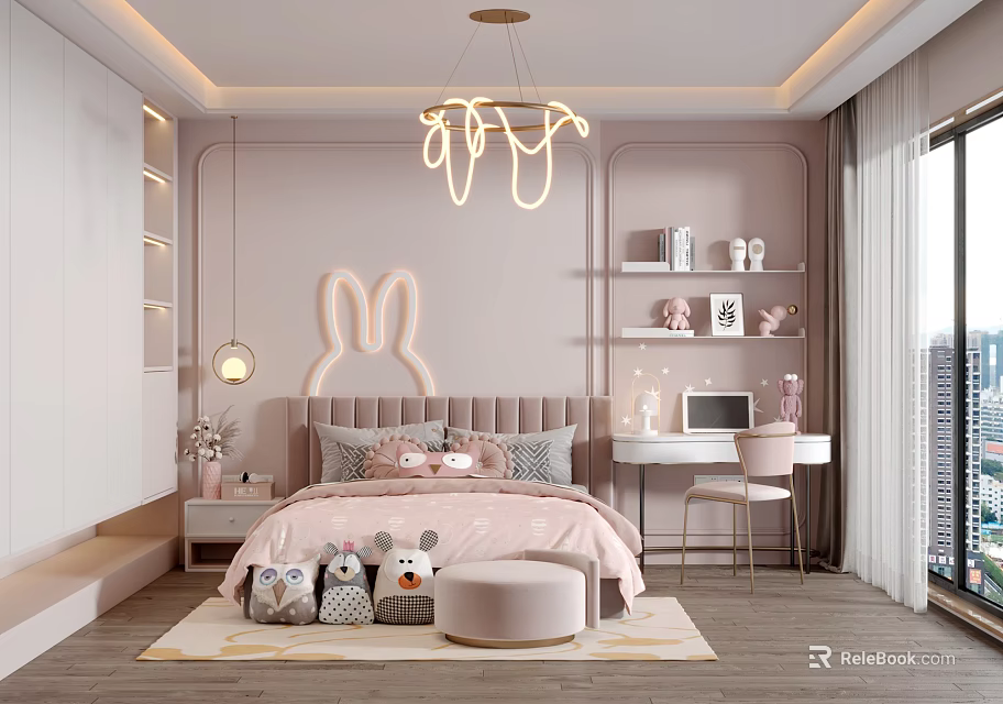 Cute Pink Kids Room Interior with Rabbit Decor Neon Chandelier Stuffed Toys and Desk 3d model 