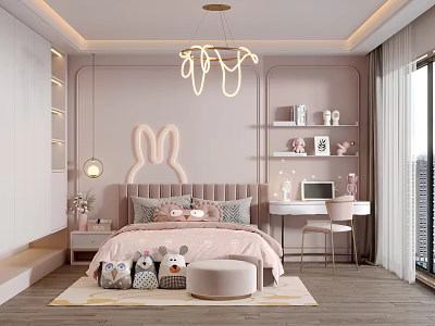 Cute Pink Kids Room Interior with Rabbit Decor Neon Chandelier Stuffed Toys and Desk 3d model