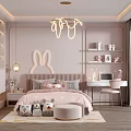 Cute Pink Kids Room Interior with Rabbit Decor Neon Chandelier Stuffed Toys and Desk