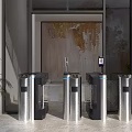 Public Facility Entrance Featuring Silver Turnstiles Access Control Device Green Plant And Textured Wall