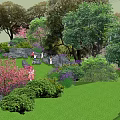 People Enjoying Garden Landscape With Lush Trees Green Grass Rocks And Colorful Flowers